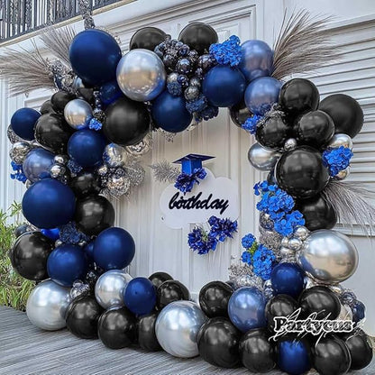 Navy Blue Black Balloon Garland - Double Stuffed Dark Royal Blue Black Balloon Arch Kit with Silver Foil for Birthday Graduation Prom Wedding Baby Shower Party Decoration
