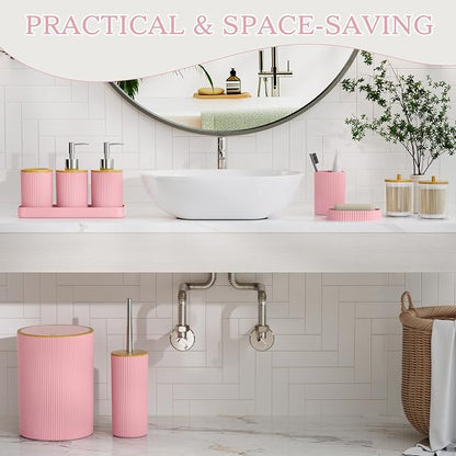 10PC Bathroom Accessories Set - Pink and Wooden Bathroom Sets, Bathroom Accessory Set with Pop Up Trash Can, Toilet Brush, Trash Can, Qtip Holder & Soap Dispenser