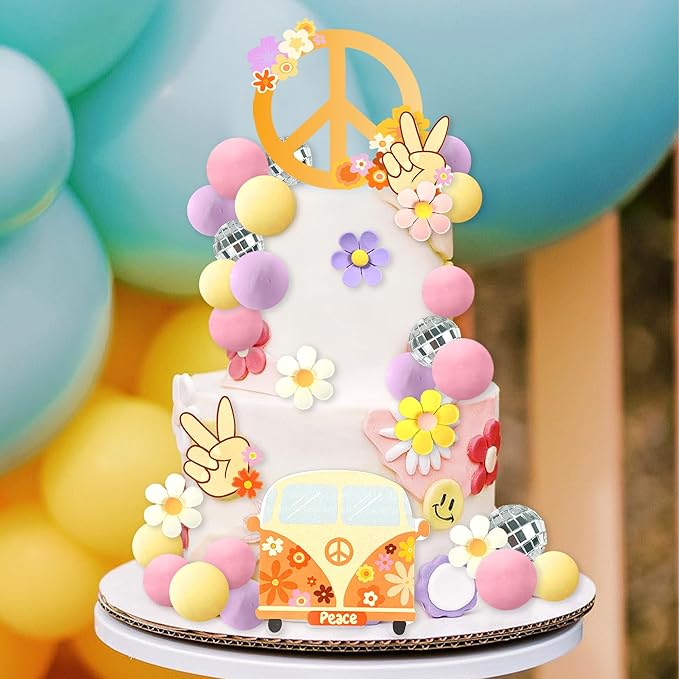 45 PCS Groovy Cake Toppers Boho Cake Topper Hippie Party Decorations with Flower Bus for Girl Birthday Party Boho Groovy Party Supplies (Style 1)
