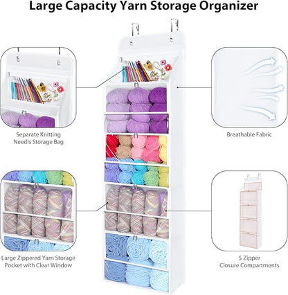 Univivi Hanging Yarn Storage Organizer with 5 Zipper Closure Compartments, Large Capacity Knitting Organizer Storage, Over the Door Hanging Yarn Holder for Knitting Needles,Crochet Hooks (Clear White)