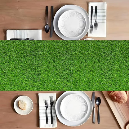 JCJT Green Grass Table Runner 13x90 Inch (Long for Buffet Tables) – Football Party Snack Stadium Decorations – Extra Long Faux Turf Backdrop for Easter Egg Display & Soccer Team Event