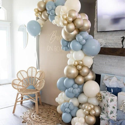 HILAVO Dusty Blue and Gold Balloons, 60 PCS 12 Inch Slate Fog Pastel Baby Blue Sand White and Gold Balloons for Baby Boy Shower Bridal Shower Birthday Wedding Party Decorations