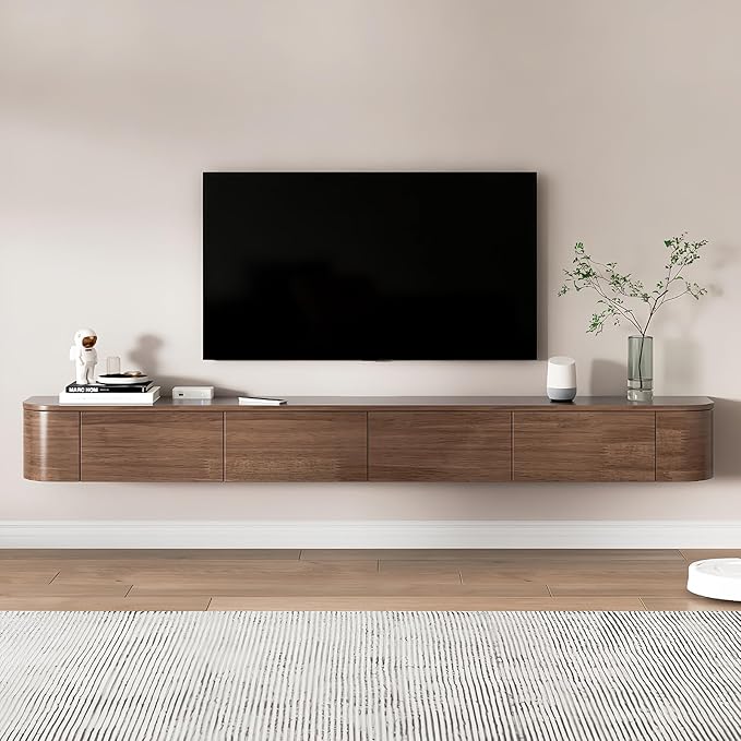 Floating TV Stand 95 Inch Wall Mounted TV Cabinet with 2 Drawers, TV Media Console with Flip-Down Door & Drawers for Living Room (Walnut, 94.5")