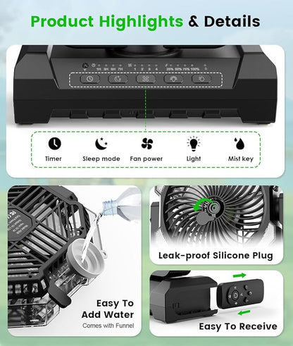 Camping Misting Fan - Portable Rechargeable Fan with 8.9oz Tank, Light, Hook - Battery Power 120H MAX Working, Fast Cooling, 4 Speed, Timer, Sleep Mode, for Outdoor, Travel, Patios, Beach