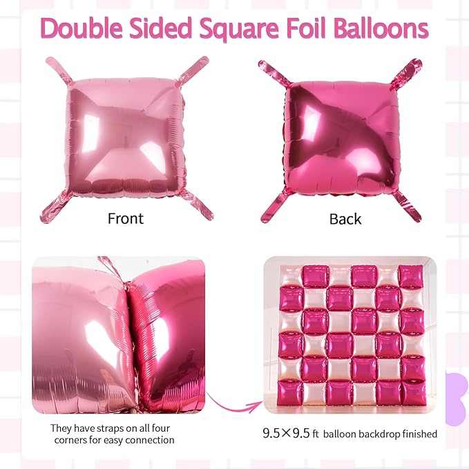 36pcs Hot Pink Square Foil Balloons Wall Backdrop, Double Sided Magenta Mylar Balloons Tunnel for Anniversary Bachelorette Wedding Proposal Birthday Valentines Day Pink Party Decorations
