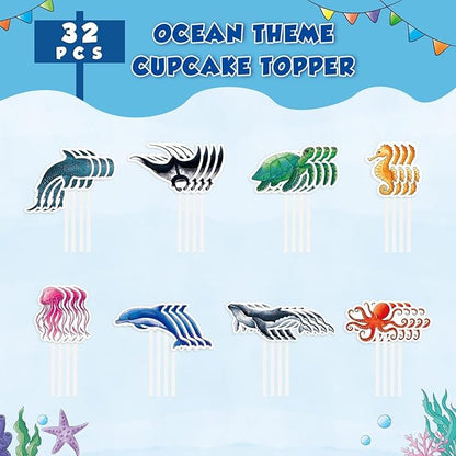 WERNNSAI 32 PCS Ocean Cupcake Toppers - Shark Birthday Party Decorations Under The Sea Cake Toppers Summer Dolphin Ocean Animal Cake Decors for Kids Ocean Baby Shower Party Supplies