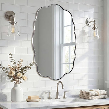 ANDY STAR Chrome Wavy Scalloped Mirror - 24x40 Inch Modern Oval Bathroom Mirror, Unique Irregular Wall Mirror with Heavy Duty SUS Metal Frame