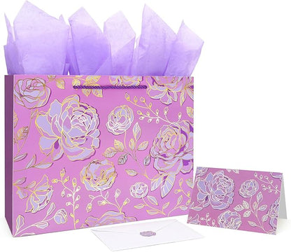 Oletx 13" Gold Pink Flower Gift Party Bags Happy Birthday Gift Bag with Tissue Paper Greeting Card for Women's Birthday Party,Wedding,Anniversaries,Mother's Day