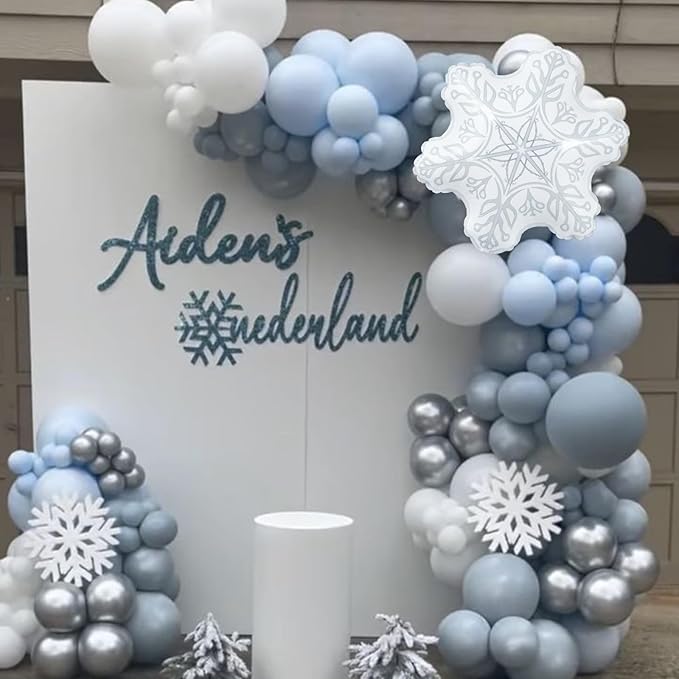 HILAVO Snowflake Balloon Arch kit, 128PCS Blue Silver White Balloon Garland with Snowflake Foil Balloons for Winter Wonderland Christmas Holiday Baby Shower Snow Princess Birthday Party Decorations
