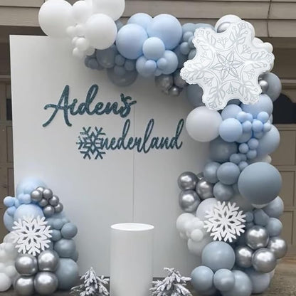 HILAVO Snowflake Balloon Arch kit, 128PCS Blue Silver White Balloon Garland with Snowflake Foil Balloons for Winter Wonderland Christmas Holiday Baby Shower Snow Princess Birthday Party Decorations
