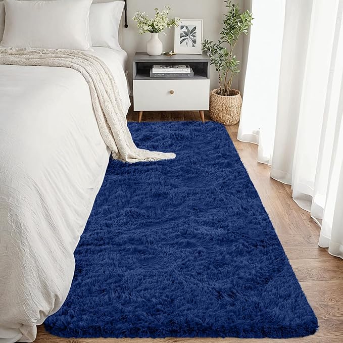 2x6 Bedside Area Rugs for Bedroom: Soft Fluffy Shag Blue Rug for Hallway, Non-Slip Fuzzy Plush Living Room Rug Indoor Floor Carpet for Kids Rooms, Dorm, Nursery, Modern Home Aesthetic Decor