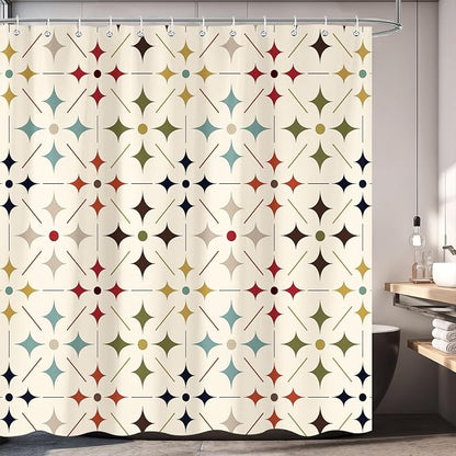 Mid Century Shower Curtain Vintage, Retro Modern Geometric Fabric Bathroom Decor, Colorful Abstract Aesthetic Art Boho Bath Curtain Set Decor with 12 Hooks 72x72 Inch