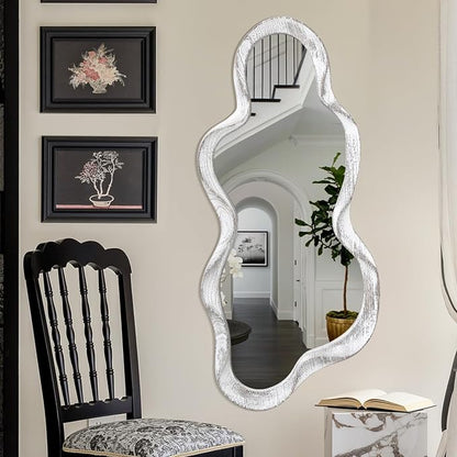 Large Asymmetrical Wall Mirror Irregular Wood Frame Modern Unique Wall-Mounted Artistic Wavy Mirror Decor Bathroom Vanity Bedroom Living Room Entryway Hallway 47" x 22" Natural