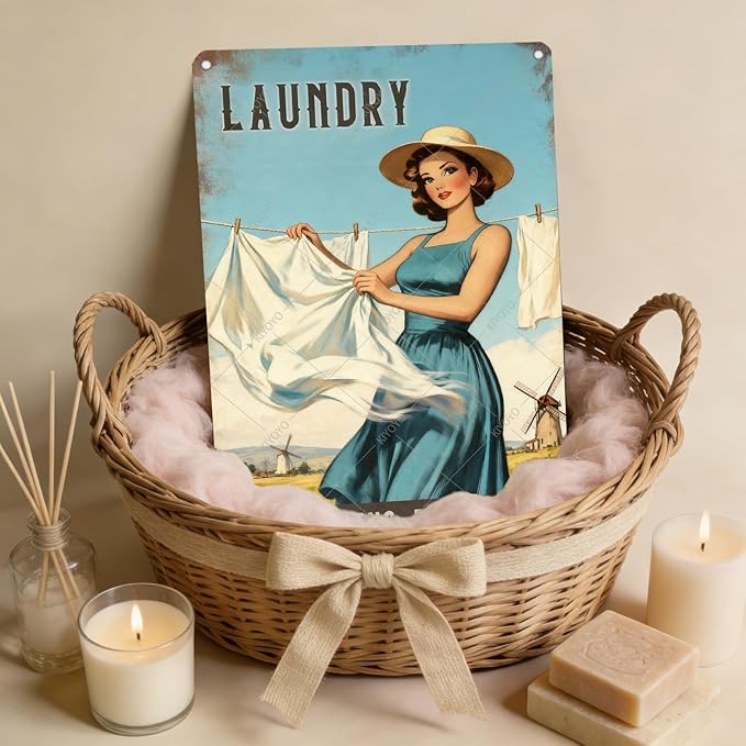 Laundry Vintage Tin Sign Funny Sarcastic Fresh Linens Breezy Days Retro Housewife Design Vintage 1950s Mom 12x8 Inch