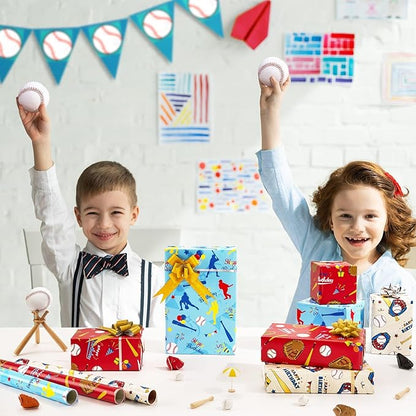 WERNNSAI Baseball Gift Wrapping Paper - 3 Rolls 17 in x 10 ft Boy Birthday Wrapping Paper Sports Wrapping Paper Roll for Kids Birthday Milky Blue Red Gift Wrapping Papers with Cut Lines