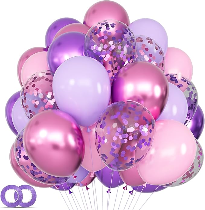 68Pcs Pink and Purple Balloons 12 Inch Metallic Purple Pink Latex Balloon Confetti ballons with Ribbons Party Balloons for Wedding Girls Birthday Baby Shower Decorations.