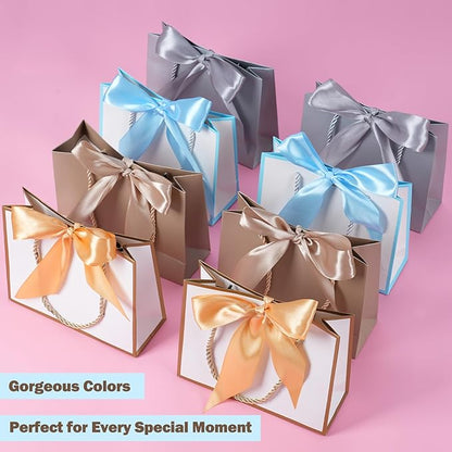 SHIPKEY 10 PCS Blue Gift Bags, 7.4"x2.8"x5.9" Small Welcome Bags, Luxury Shopping Bag with Ribbon Handle and Bows (18.8x7x14.8cm)