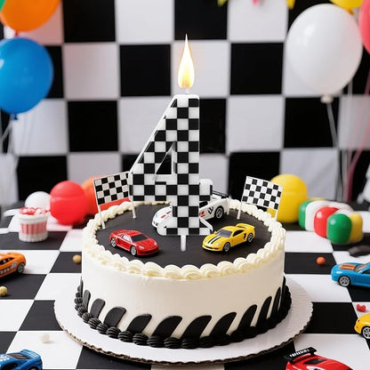 Racing Car Themed Birthday Candles, Number 4 Checkered Candles, Black & White Checkered Cake Decoration, Car Cake Topper for Party Decoration Theme Party Supplies