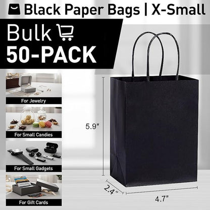 SUNCOLOR 50-Pack Mini Paper Gift Bags, 6" Mini Goodie Bags, Black Handle Party Favor Bags for Birthday, Halloween, Wedding