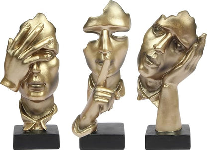 3 Pcs Thinker Statue, Silence is Gold Abstract Art Figurine, No Hear No See No Speak Modern Home Resin Sculptures Decorative Objects Decor for Home Office Bookshelf Desktop(Gold), A-41