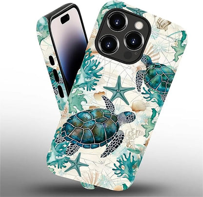 for iPhone 14 Pro Max Case,HH2 Ocean Sea Turtle Nautical Map Hybrid 2 Layer Hard Shell Silicone Protective Pattern Design Case