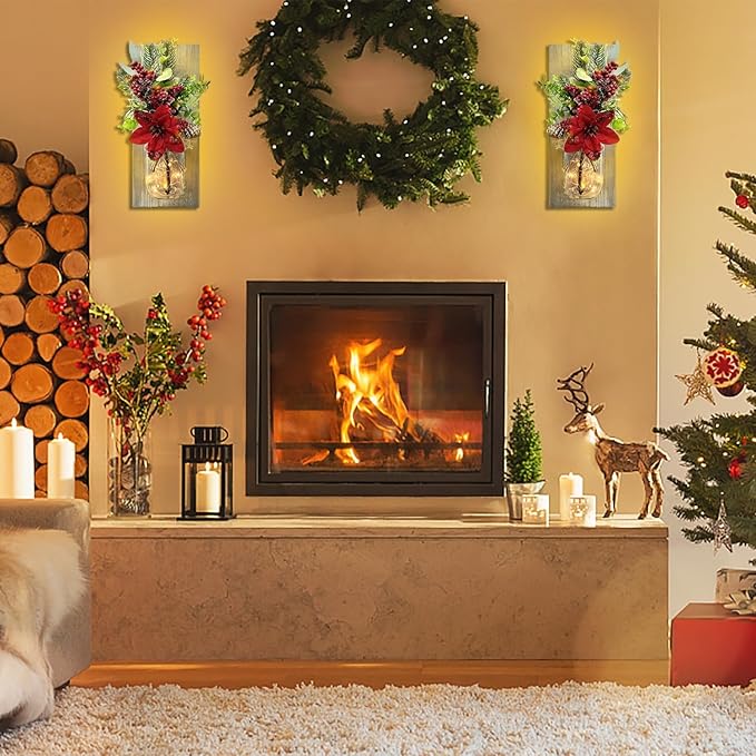 Mason Jars Sconce Decor Rustic Wall Sconces Handmade Wall Art Hanging Design with Remote Control LED Fairy Lights and Red Berry, Xmas Farmhouse Wall Home Decor Living Room Lights Set of Two