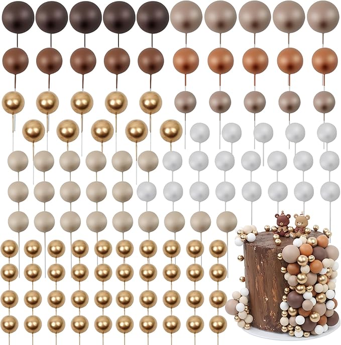 115 PCS Ball Cake Toppers - Mini Balloon Cake Decorations Foam Ball Cupcake Picks DIY cake Insert Toppers for Birthday Party Wedding Baby Shower - Brown Theme