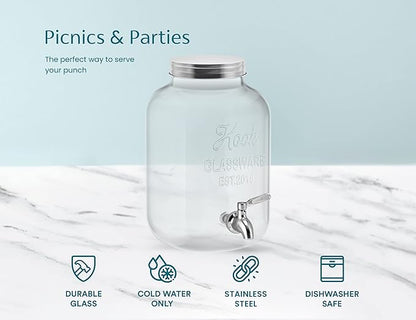 Kook Glass Drink Dispenser, with Leak-Proof Stainless Steel Spigot, Clear Mason Jar, Beverage Storage for Fridge, for Water, Iced Tea, Sangria, Lemonade, 1 Gallon (1, Silver)