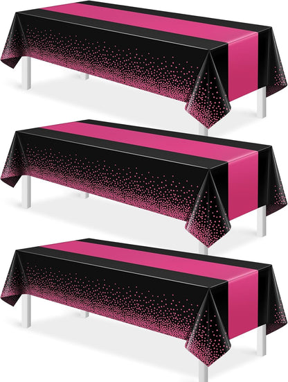 3Pcs Black Hot Pink Tablecloth Party Decorations,Plastic Black Table Cloth Printed Hot Pink Table Runner Disposable Rectangle Cover for Birthday Wedding Anniversary Graduation Party,54x108 Inch