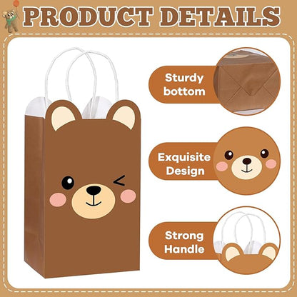 12Pcs Brown Bear Theme Party Favor Bags Bear Shaped Goodie Bags Candy Bag for Bears Birthday Party Decor Cute Bears Gift Treat Bag with Handle for Woodland Parties Kids Boys Girls Baby Shower Supplies