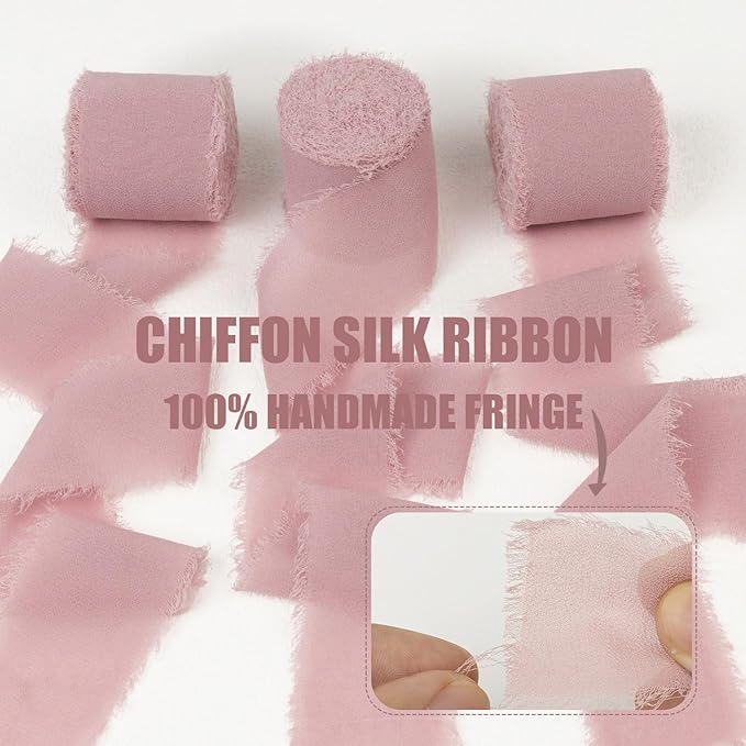Dusty Rose Chiffon Ribbon 1-1/2 Inch x 21Yards Boho Frayed Mauve Ribbon Handmade Fringe Chiffon Silk Ribbon Dusty Pink Ribbon for Gift Wrapping, Wedding Invitation, Bridal Flower Bouquets