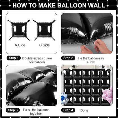 Black Square Foil Balloons 25 Pcs Metallic Black Balloons Wall Backdrop for New Year Graduation Birthday Bridal Shower Party Arch Backdrop Decorations