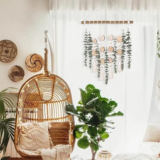 Bathroom Decor Artificial Eucalyptus Greenery Hanging Wall Decor Faux Eucalyptus Leaves Hanging Plant with Wooden Stick with Rustic Farmhouse for Bedroom Nursery Boho Home Decorations