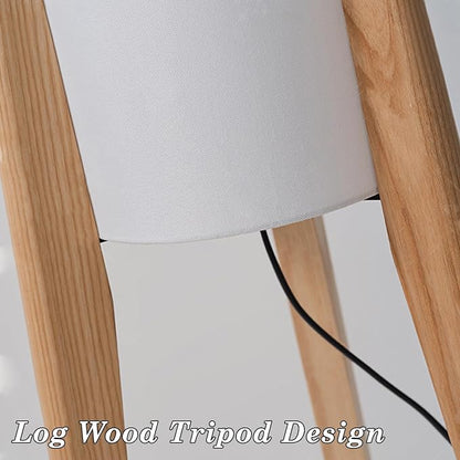 MIXL-Tripod Wooden Tall Floor Lamp,Fabric Drum Shade Corner Standing Lamp,Farmhouse Style Floor Light for Nursery and Study Room