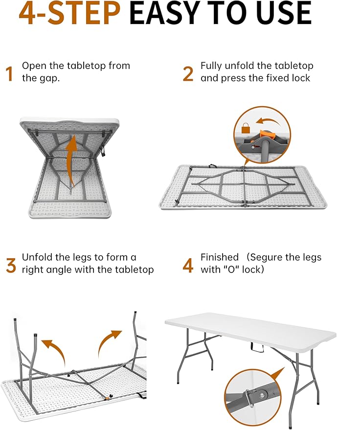 6FT Folding Camping Table Portable 350lbs, 6 Foot Folding Picnic Card Table for Outdoor, Plastic Rectangular Dining Work Tables for Indoor, Heavy Duty Fold-in-Half Tray Tables, 71x29 inch
