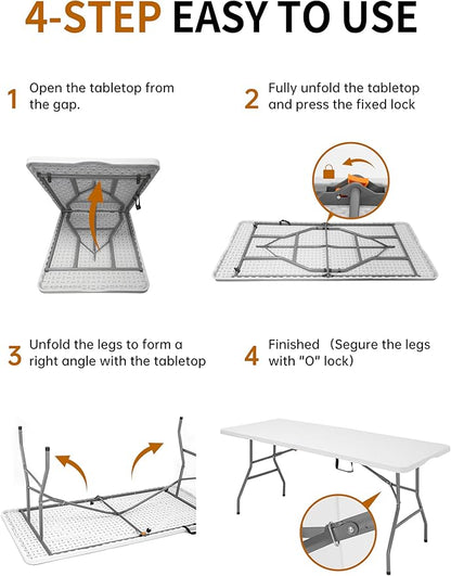 6FT Folding Camping Table Portable 350lbs, 6 Foot Folding Picnic Card Table for Outdoor, Plastic Rectangular Dining Work Tables for Indoor, Heavy Duty Fold-in-Half Tray Tables, 71x29 inch