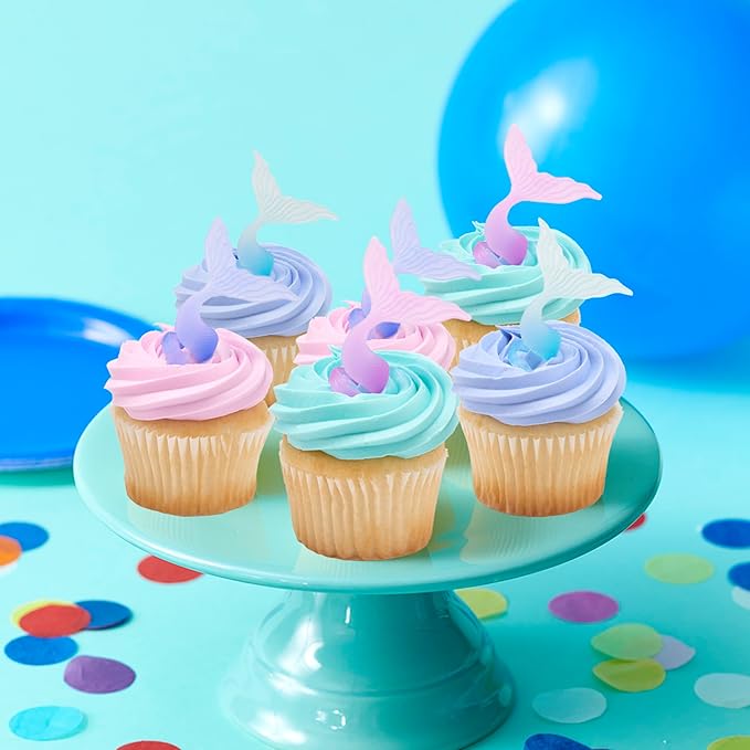 DECOPAC Mermaid Tail Wrap Cupcake Rings, Cake Toppers, Multicolored Food Safe Decorations For Parties– 24 Pack