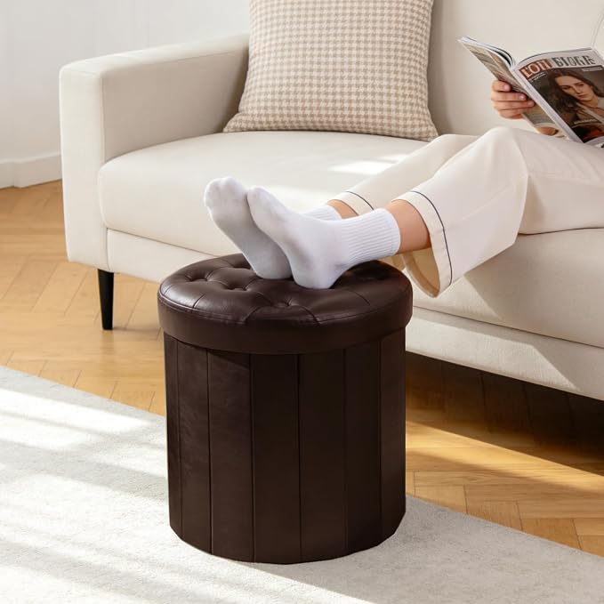 CAROLMADE Round Storage Ottoman, PU Leather Folding Footrest Stool