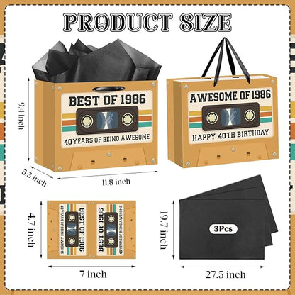 40th Birthday Gift Bag for Men Women Retro Tape 1986 Birthday Party Favor Bags with Tissue Paper and Card Brown Vintage Cassette 40 Years Old Gift Wrapping Bag Decorations for Mom Dad Friends Gifts