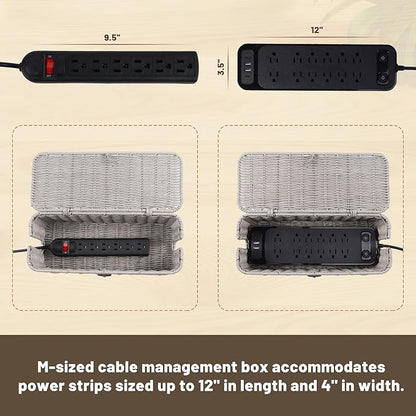 BROWNLILY Cable Management Box, Rattan Style Cord Organizer for Desk Cord Hider Outlet Covers Baby Proofing for Power Strip TV PC Router Charger Under Desk Storage with Lockable Lid and Cable Ties