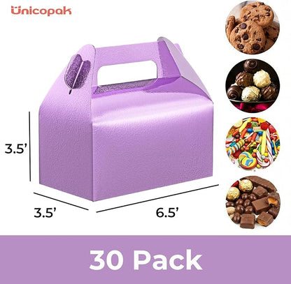 UnicoPak 30 Pack Purple Party Favor Bag Boxes, Gable Gift Boxes for Treats Goodies Cookies Candies, Ideal for Purple Party Favors, Theme Birthday Party, Valentine's Day, 6.5x3.5x3.5 Inches