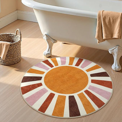 LIVEBOX Retro Sun Round Bathroom Rug 3 ft, Colorful Boho Rug Soft Circle Entryway Rugs for Bedroom, Cute Washable Non-Slip Kids Carpet Doormat for Dorm Living Room Nursery Room