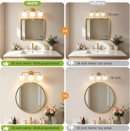Gold Bathroom Vanity Light Fixtures Over Mirror, 22.4'' Modern Brass 3 Lights Wall Sconce with Milky Glass Ball Shade, Mid Century Farmhouse Vanity Lighting