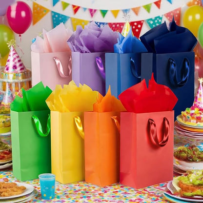 SHIPKEY 8 Rainbow Gift Bags with Tissue Paper, 8x4x11in Colorful Paper Bags for Birthday, Party, Wedding, Baby Shower, Thanksgiving (8 Colors, 20x10x28cm)