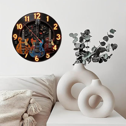 Vintage Guitar Wall Clock Neon Clock Electric Guitar Decor 10-Inch Wooden Wall Clock, Silent Movement, Battery Operated (AA Batteries Not Included), Artistic Home Decor, Perfect for Home Accents