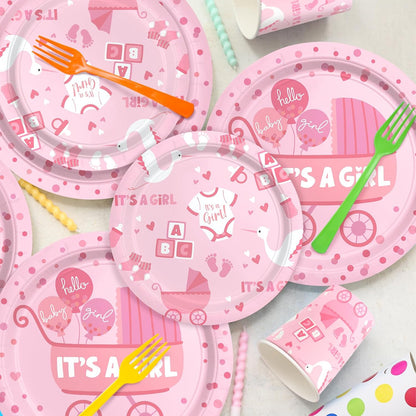 Baby Girl Shower Decorations for 24 Guests - It’s A Girl Decorations Kit Including Disposable Plates, Napkins, Cups, Tablecloth & Banner for Baby Shower Decorations Girl