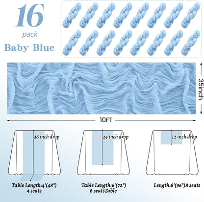 16Pack Light Blue Table Runner 10FT Cheesecloth Table Runner 35x120Inch Long Boho Gauze Cheese Cloth Table Runners Rustic Sheer Table Runners for Wedding Baby Shower Bridal Shower Decor