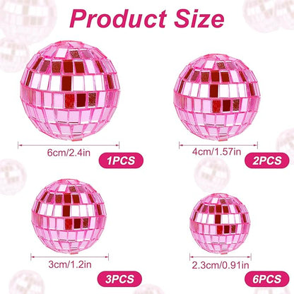 PEUTIER 12pcs Disco Ball Cake Toppers, 4 Sizes Disco Theme Cake Toppers Disco Ball Cupcake Decorations Dessert Accessories for Birthday Cake 70s Theme Party Favor(Pink)