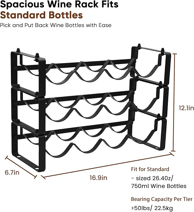 Wine Rack for Countertop – Stackable Freestanding Bottle Organizer for Kitchen, Pantry, Bar Cabinet & Small Spaces – Compact Metal Shelf & Modular Storage Stand (3-Tier)