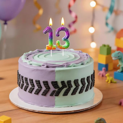 Number 3 Birthday Candle for Cake – Purple Green Flame Design with Lightning & Tire Track Pattern – Off-Road Truck Theme Cake Topper for Birthday Party Decoration